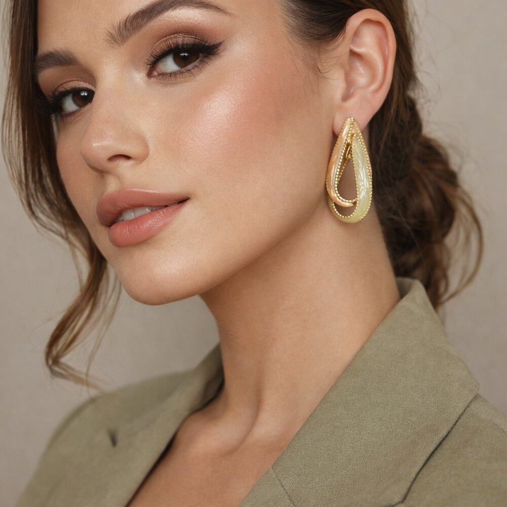 Elegant Gold Tone Teardrop Earrings – Olive & Mocha Enamel |1.5”